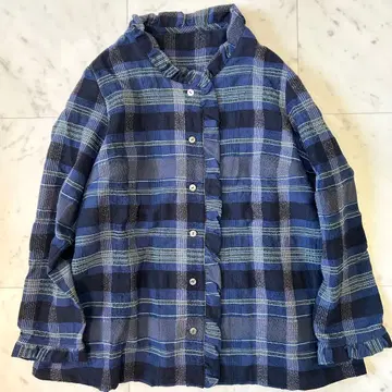 새상품급 군겐도 네네 프릴 블라우스 네이비 체크 이와미긴잔 셔츠