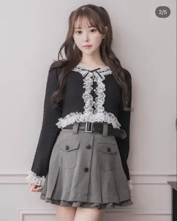 pium 레이스 프릴 사다리 리본 니트 가디건