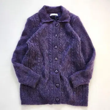 푹신푹신 모헤어 케이블 짜임 가디건 퍼플 울 혼방 레트로 일본제