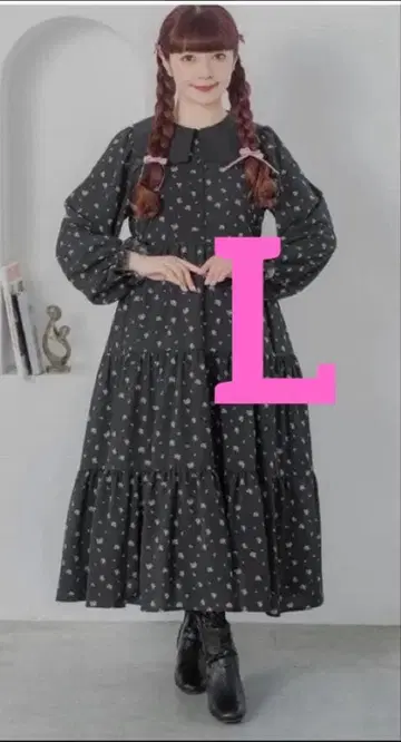 아오키 미사코님 미니 꽃무늬 세일러 카라 원피스 블랙 L 새상품 시마미사