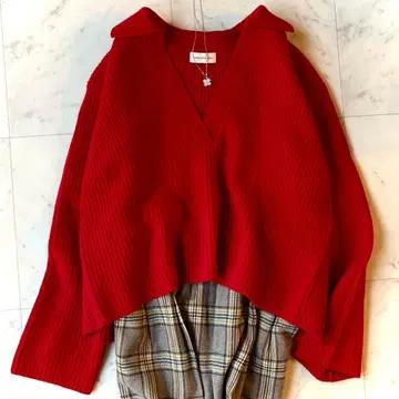 새상품급 밴야드 스톰 캐시미어 빨간색 크리스마스 컬러 카라 부착 니트 울
