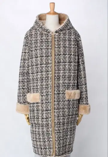 새상품 후드 부착 체크 무늬 롱 코트