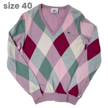 라코스테 아가일 V넥 울 니트 핑크 40