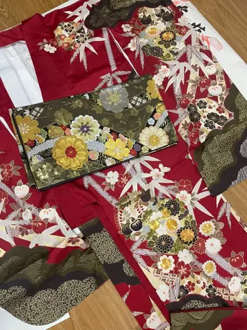 후리소데 빨간색 성인식 졸업식 기모노 오비 2종 세트