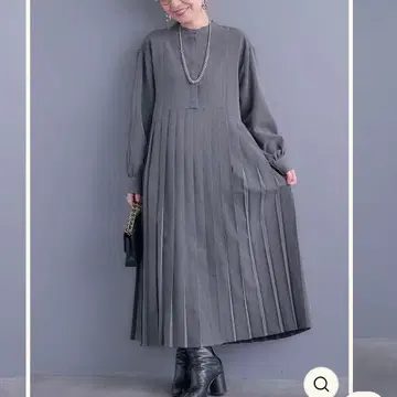 그레이 긴팔 플리츠 롱 원피스