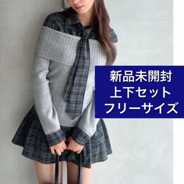 리젝시 셔츠 레이어드 니트탑 체크 미니 플레어 스커트 세트 판매