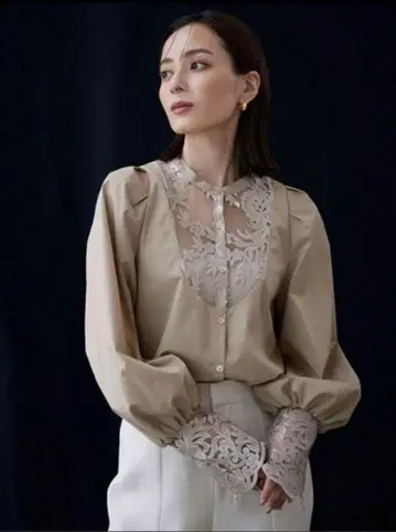 anuans 셔츠 자수 레이스 셔츠 블라우스 베이지