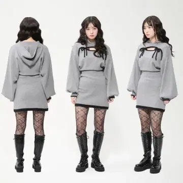 bubbles 란 착용 리본 후디 니트 원피스 그레이