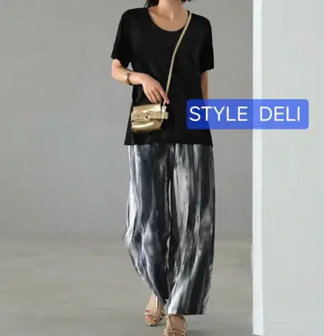 스타일 델리 수채화 스트라이프 패턴 와이드 팬츠 01 블랙 믹스