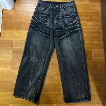 데미지 가공 다크 그레이 와이드 레그 데님