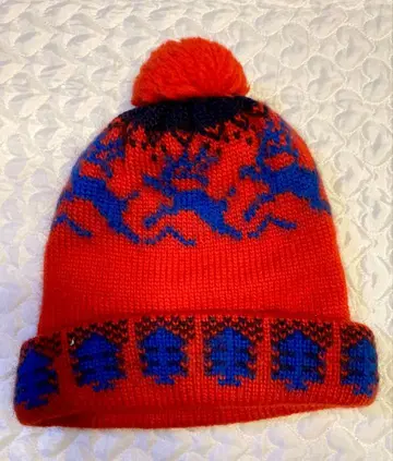 빨간색과 파란색 폼폼 포함 니트 비니