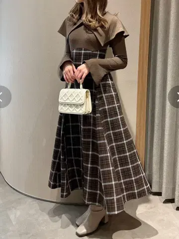 dazzlin 빅 컬러 체크 코르셋 원피스 브라운