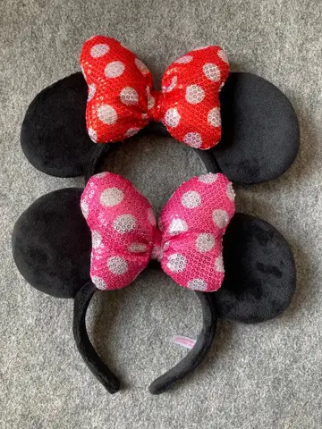 디즈니 머리띠 스팽글 리본 빨간색 핑크 미니 도트 페어
