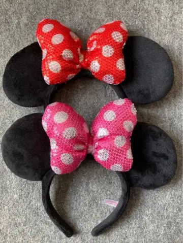 디즈니 머리띠 스팽글 리본 빨간색 핑크 미니 도트 페어