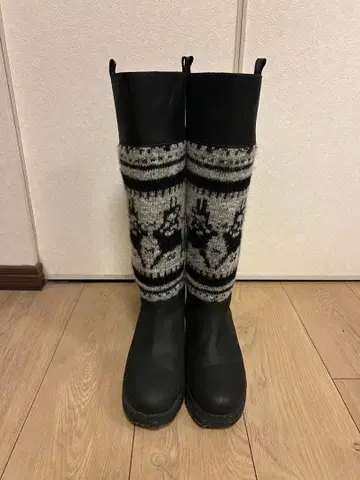 니트 패턴 롱 부츠 블랙/그레이