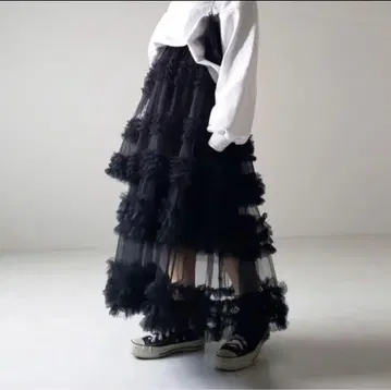 시어 프릴 레이어드 볼륨 샤샤 스커트 블랙 검정 프리 F