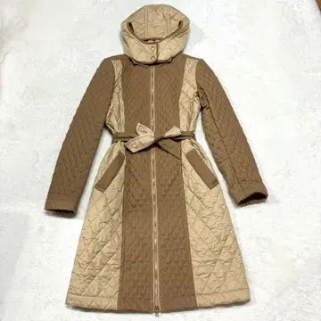 DAKS 퀼팅 롱 코트 후드 벨트 포함 바이컬러 브라운 계열 40