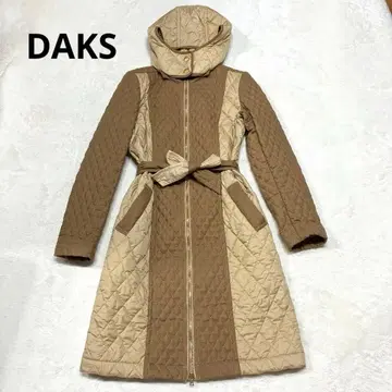 DAKS 퀼팅 롱 코트 후드 벨트 포함 바이컬러 브라운 계열 40