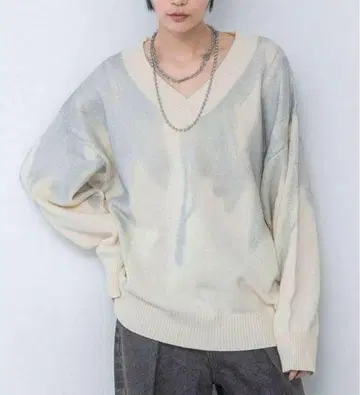 JEANASIS 하쿠 프린트 코튼 V 풀오버 면 100% 니트