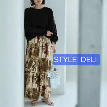 스타일 델리 아트 패턴 플레어 와이드 팬츠 01 카키 믹스