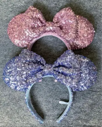 디즈니 머리띠 스팽글 스카이블루 핑크 리본 미니 페어