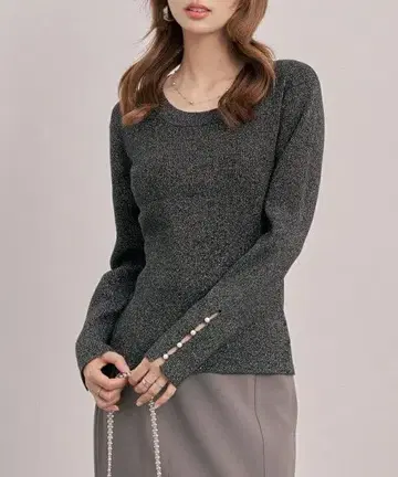 세존드파피용 라메 니트 택 포함 새상품 소매 펄 버튼 블랙