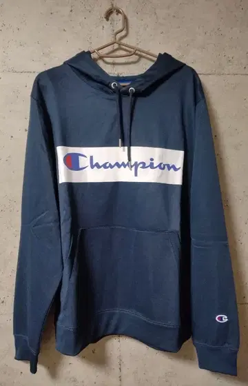 Champion 박스 로고 프린트 후드 맨투맨 네이비