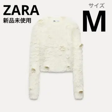 ZARA 꽃 자수 화이트 니트 퍼 복슬복슬