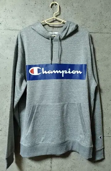 Champion 박스 로고 프린트 후드 맨투맨 그레이