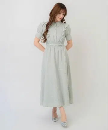 그린 계열 체크 프릴 반팔 원피스