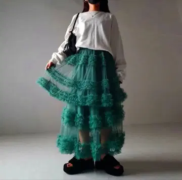 롱 스커트 시어 프릴 레이어드 샤샤 스커트 그린 프릴