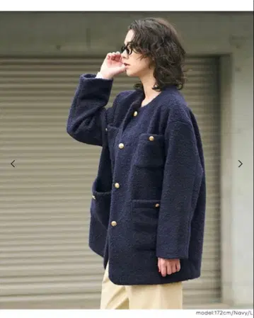 coca 푸들 금장 버튼 노카라 코트 네이비 M