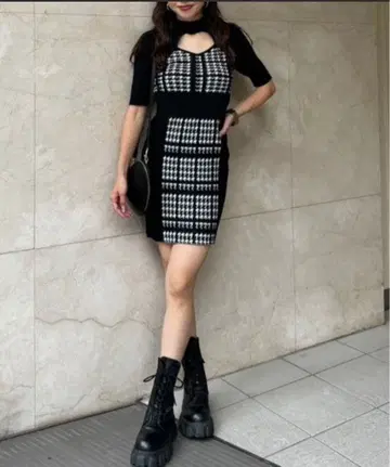 rienda 2WAY 하운드투스 체크 패턴 타이트 미니 원피스