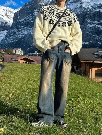 ASCLO 더티 와이드 데님 팬츠 얼룩 가공 빈티지 청바지