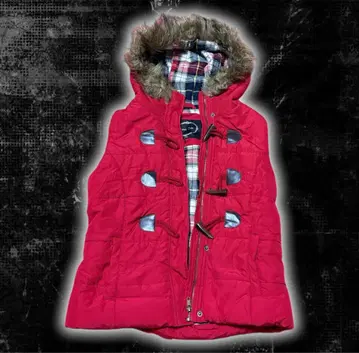 퍼 달린 빨간색 다운 베스트 그런지 갸루 y2k