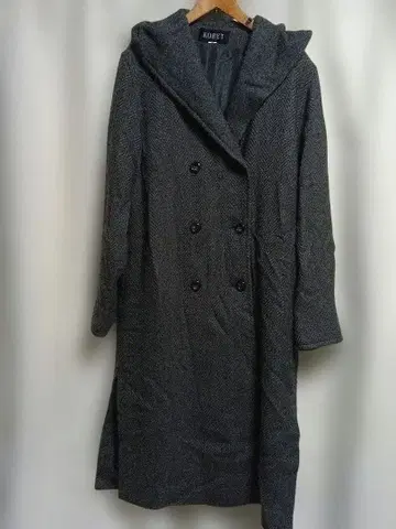 KORET 후드 부착 더블 브레스트 롱 코트