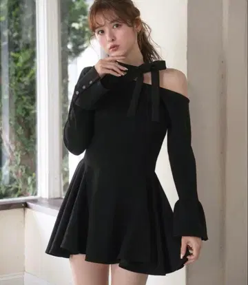 원숄더 넥 리본 분또 미니 원피스