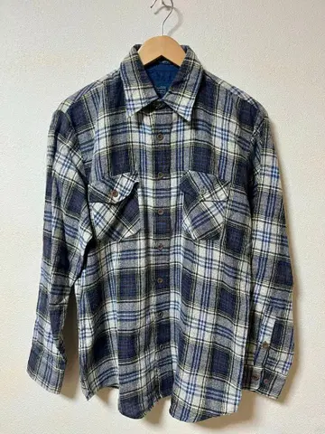 Sears 체크 플란넬 셔츠 블루 체크 화이트 80s 90s