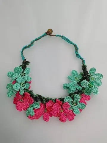 o8 오야 자수 목걸이 비즈 꽃 자수 에메랄드 그린 핑크