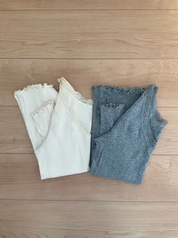 화이트 그레이 레이스 트리밍 긴팔 상의 2장 세트