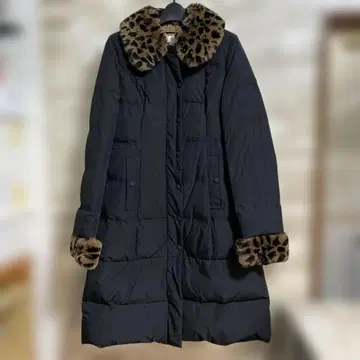 레오파드 무늬 퍼 옷깃 다운 롱 코트