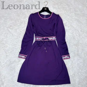 LEONARD 원피스 L 꽃 롱 자수 퍼플 리버서블 벨트