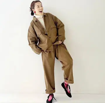 업사이클 치노 자켓 & 와이드 팬츠 셋업 브라운 사이즈 2