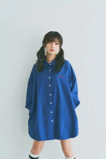 Boka niii 자수 오버 사이즈 셔츠 파랑