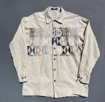 90s 극상 자수 셔츠 코튼 린넨 셔츠 긴팔 내추럴 기하학 패턴