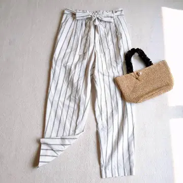 로리즈팜 테이퍼드 팬츠 허리 리본 스트라이프 캐주얼 L