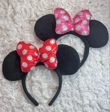 디즈니 미니 머리띠 스팽글 리본 도트 빨간색 핑크
