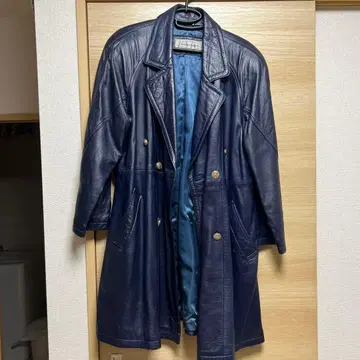 correspondance 네이비 가죽 더블 브레스트 코트