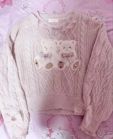 LIZLISA 트윈 베어 니트탑 핑크