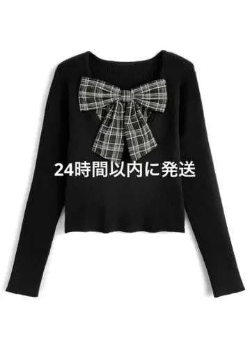 체크 무늬 리본 도킹 리브 니트탑[gn548]